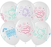Шар (12''/30 см) Hello Kitty, С Днем Рождения!, Белый (200)/Прозрачный (600), кристалл, 4 ст, 25 шт.