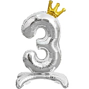 Шар (32''/81 см) Цифра, 3 Золотая корона, на подставке, Серебро, 1 шт. в уп.