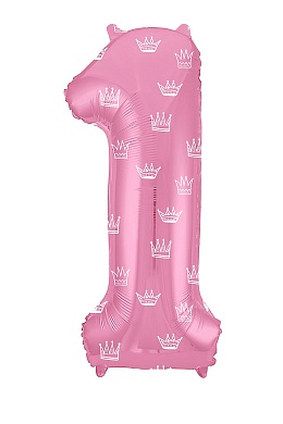 Шар (40''/102 см) Цифра, 1, Slim, Короны, Розовый, в упаковке 1 шт.
