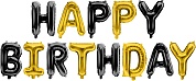 Набор шаров-букв (16''/41 см) Мини-Надпись "Happy Birthday", Черный/Золото, 1 шт. в уп. 