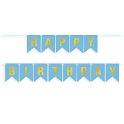 Гирлянда Флажки, Happy Birthday, Ярко-голубой/Золото, Металлик, 500 см, 16*12 см, 1 упак.