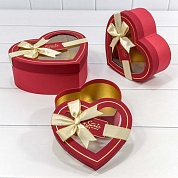 Набор коробок Сердце, с окошком и бантом, Красный, 22,5*19,5*9 см, 3 шт. 