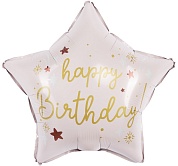 Шар (18''/46 см) Звезда, Happy Birthday (праздничные искры), Светло-розовый, Сатин, 1 шт. в уп.