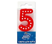 Свеча Цифра, 5 Белые точки, Красный, 4,3 см, 1 шт.