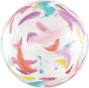 Шар (18''/46 см) Сфера 3D, Deco Bubble, Разноцветные перья, Прозрачный, Кристалл, 1 шт. в упак. 