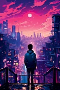 Стикерпак, Открытка + наклейки, Парень и ночной город, 12,1*18,3 см, 1 шт.