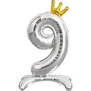 Шар (32''/81 см) Цифра, 9 Золотая корона, на подставке, Серебро, 1 шт. в уп.