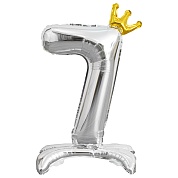 Шар (32''/81 см) Цифра, 7 Золотая корона, на подставке, Серебро, 1 шт. в уп.