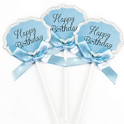 Топпер в торт, Happy Birthday (серебряный глиттер), Голубой, 3 шт.