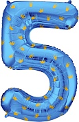 Шар (34''/86 см) Цифра, 5 Золотые короны, Голубой, 1 шт. в упак.