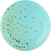 Тарелки (9''/23 см) Золотое конфетти, Голубой/Золото, Металлик, 6 шт.
