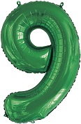 Шар (34''/86 см) Цифра, 9, Slim, Зеленый, 1 шт. в упак.