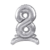 Шар (32''/81 см) Цифра, 8 на подставке, Серебро, 1 шт. в уп.
