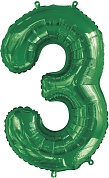 Шар (34''/86 см) Цифра, 3, Slim, Зеленый, 1 шт. в упак.