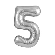 Шар (40''/102 см) Цифра, 5, Серебро, 1 шт. в уп.