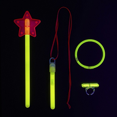 Флуоресцентный набор для девочки, (волшеб. палочка, браслет, подвеска, кольцо), Желтый, 1 шт. 