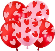 Шар (12''/30 см) Воздушные сердца, Красный (S52/010)/Розовый (S11/030), пастель, 5 ст, 25 шт.