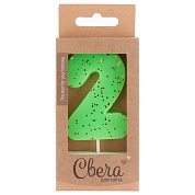 Свеча Цифра, 2 ЭКО, Неон, Зеленый, с блестками, 4*6 + 3 см, 1 шт. с держат.