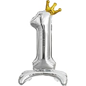Шар (32''/81 см) Цифра, 1 Золотая корона, на подставке, Серебро, 1 шт. в уп.