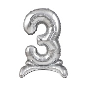 Шар (32''/81 см) Цифра, 3 на подставке, Серебро, 1 шт. в уп.