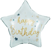 Шар (18''/46 см) Звезда, Happy Birthday (праздничные искры), Светло-голубой, Сатин, 1 шт. в уп.