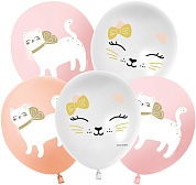 Шар (12''/30 см) Кошечка с бантом, Ассорти, пастель, 1 ст, 25 шт.