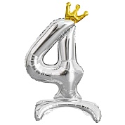 Шар (32''/81 см) Цифра, 4 Золотая корона, на подставке, Серебро, 1 шт. в уп.