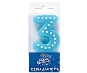 Свеча Цифра, 3 Белые точки, Голубой, 4,3 см, 1 шт.